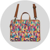 Colorful patterned Laptop Bag with brown straps on a light gray background